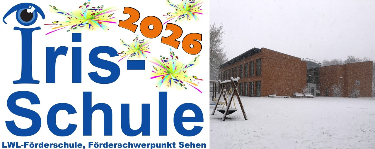 Logo der Irisschule mit Feuerwerk, 2026 und Foto der Irisschule im Winter