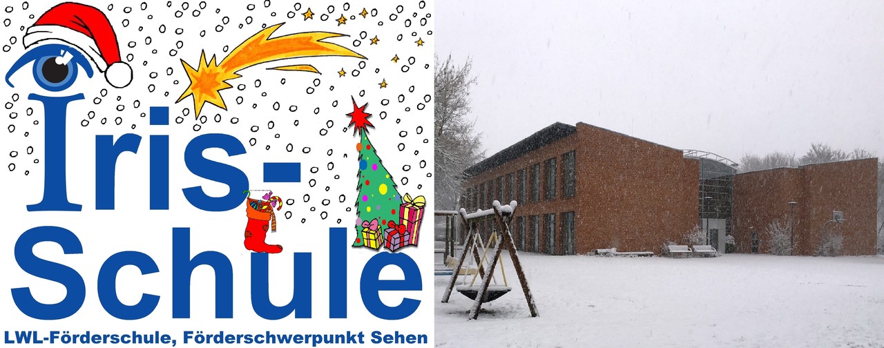 Logo der Irisschule mit Schnee und Weihnachtsmotiven und Foto der Irisschule im Winter