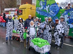 Foto aller mitlaufenden Kuhnarren vor einem Wagen auf dem Rosenmontagszug.