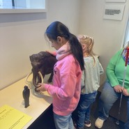 Foto einer Schülerin am Modell des Mammuts (vergrößerte Bildansicht wird geöffnet)