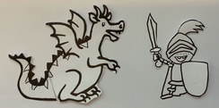 Zeichnung von einem kleinen Drachen, der einen kleinen Ritter trifft