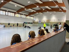 Bild von der Halle, dem Spiel und unserem Team auf der Bank sitzend das Spiel verfolgend
