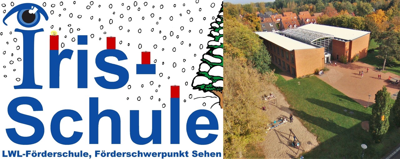 Logo der Irisschule mit Schnee und 4 Kerzen, 1 brennt und Foto der Irisschule im Winter