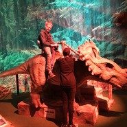 Foto von Lennart auf einem gesattelten Dino (vergrößerte Bildansicht wird geöffnet)