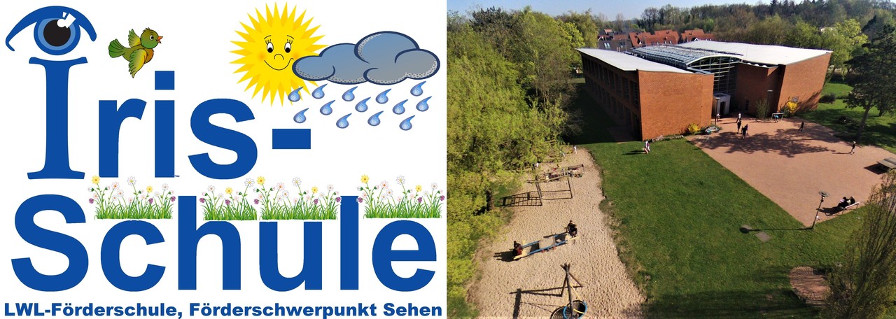 Logo der Irisschule mit Sonne und Regenwolke und Foto des Schulgebäudes im Frühling