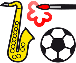 Bild miteinem Saxophon, Pinsel und Fußball
