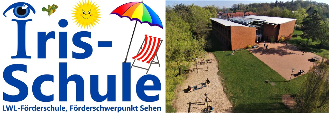 Logo der Irisschule mit Sommermotiven und Foto der Irisschule im Sommer