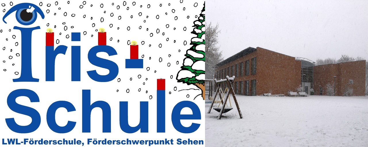 Logo der Irisschule mit Schnee und 4 Kerzen, 3 brennen und Foto der Irisschule im Winter