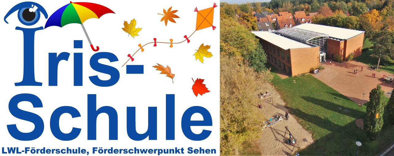 Logo der Irisschule mit Herbstmotiven und Foto des Schulgebäudes im Herbst