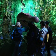 Foto der Klasse 6-7 an einem Dinosaurier, der aus einem Sumpf kommt (vergrößerte Bildansicht wird geöffnet)