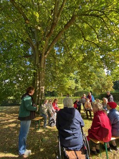 Unter einem Baum sitzen die Zuhörer auf Klappstühlen im Stuhlkreis und hören einen Vortrag der Mitarbeiterin des Botanischen Gartens.